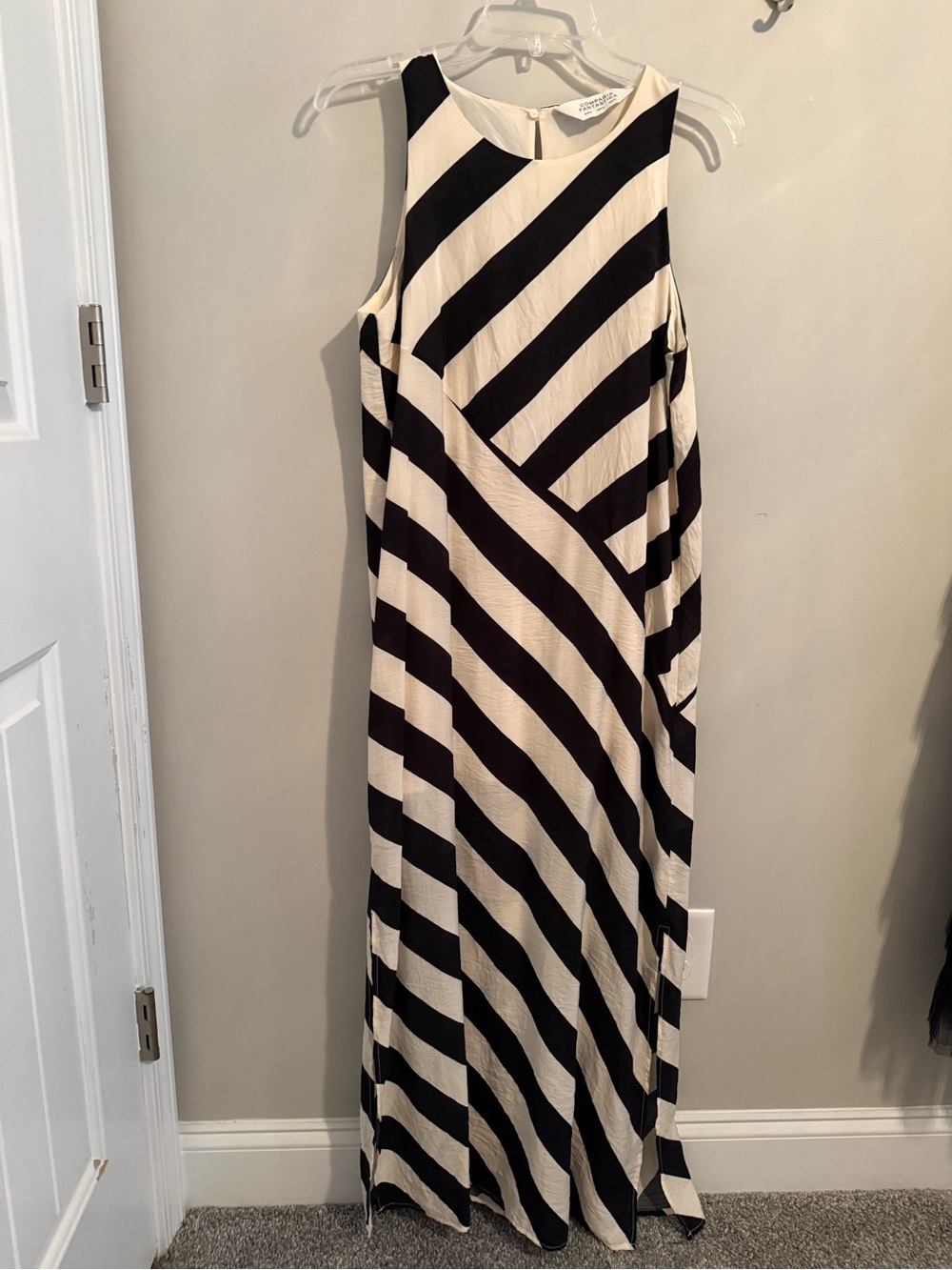 Sleeveless Black and Cream Striped Maxi Dress